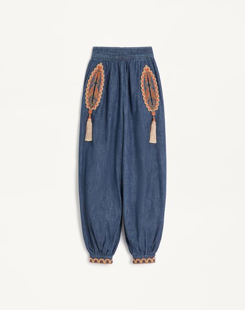 VALENTINO VALENTINO BALLOON TROUSERS IN EMBROIDERED DENIM CHAMBRAY WOMAN DENIM 44