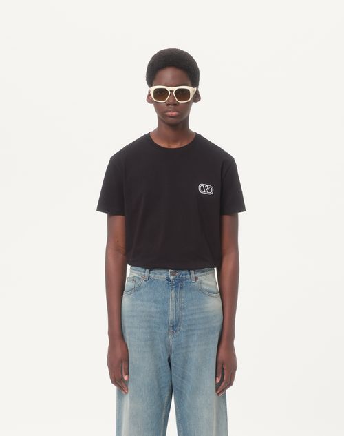 Cotton T-shirt With Vlogo Signature Patch for Man in Navy