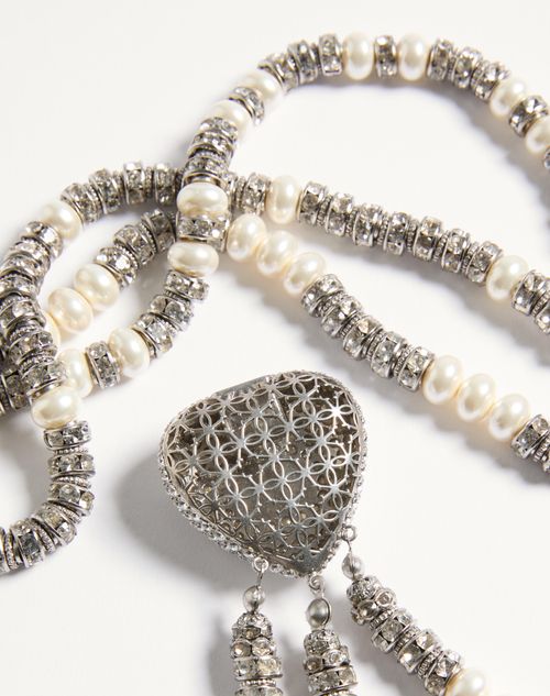 Valentino Garavani - Coeur Royal Necklace In Metal, Enamel, Pearls And Crystals - Palladium - Woman - Jewellery