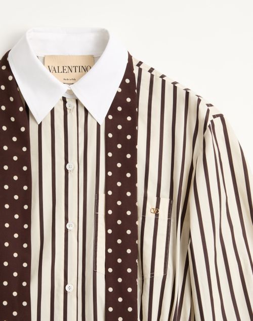 Valentino - Short Dress In Printed Striped Poplin - Ivory/chocolate - Woman - Dresses