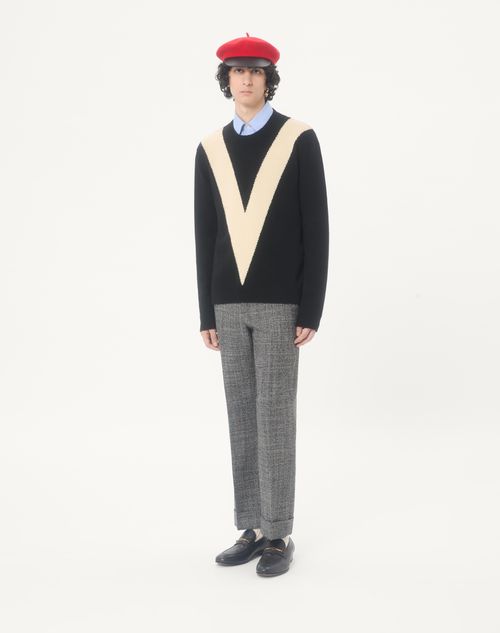 Valentino - Valentino Wool Jumper With Inlaid V - Black/butter - Man - Knitwear