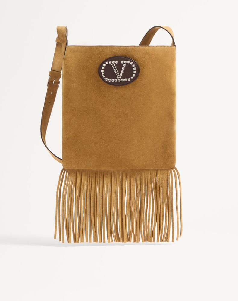 Valentino Garavani Men's Havana Beige/Fondant Nellcôte Suede Shoulder Bag With Fringes Man Uni