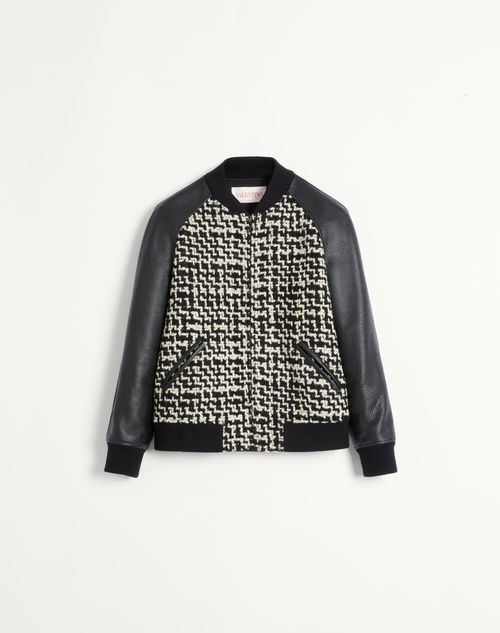 Shop Valentino Wool Tweed Bomber Jacket With Chez Patch In Ivory/black