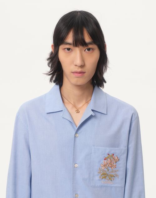 Valentino - Oxford Cotton Shirt With Floral Embroidery - Azure - Man - Shirts