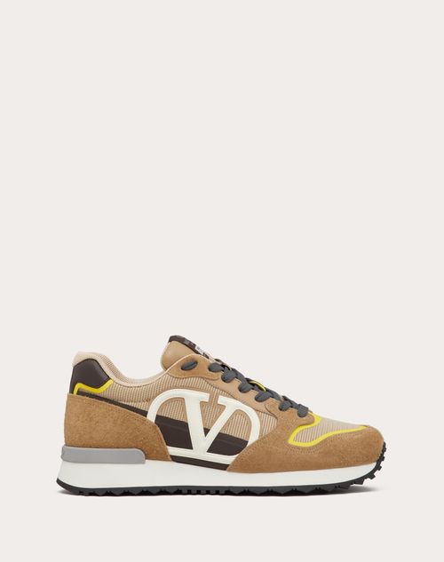 Shop Valentino Garavani Vlogo Pace Low-top Sneaker In Split Leather Fabric And Calf Leather In Beige