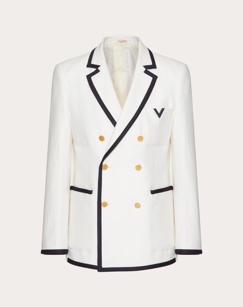 Shop Valentino Double-breasted Wool And Silk Jacket With Rubberised V Detail In Ivory