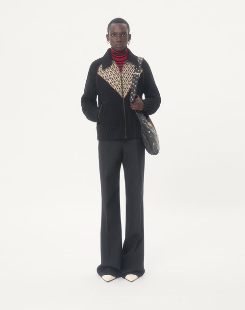 Valentino - Valentino Bomberjacke Aus Wolle Und Kaschmir Mit V-intarsien Und Toute La V Jacquardmuster - Schwarz - Mann - Jacken Und Winterjacken