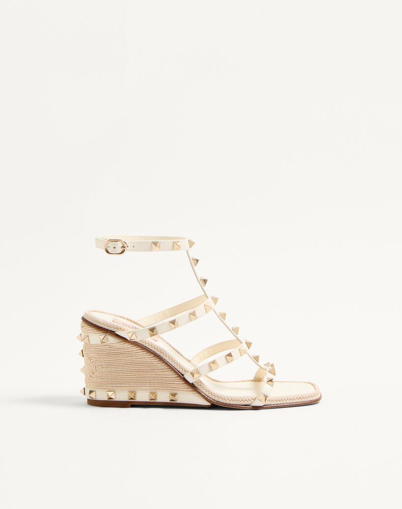 Valentino Garavani Rockstud Calfskin Wedge Sandal With Cornely Embroidery 80mm Woman Ivory 40 In White