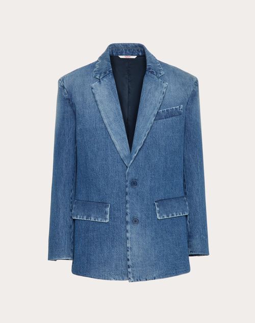 Shop Valentino Single-breasted Denim Jacket Laminated With Neoprene Scuba