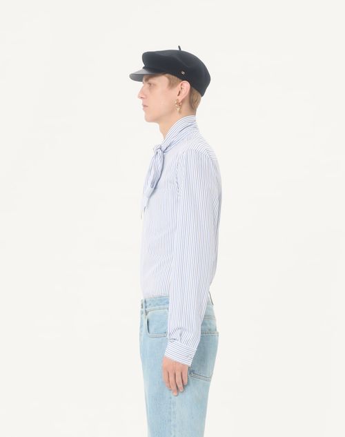 Valentino - Camicia Valentino In Popeline Di Cotone Con Con Collo A Sciarpa E Ricamo Vlogo - Azzurro/bianco - Uomo - Camicie