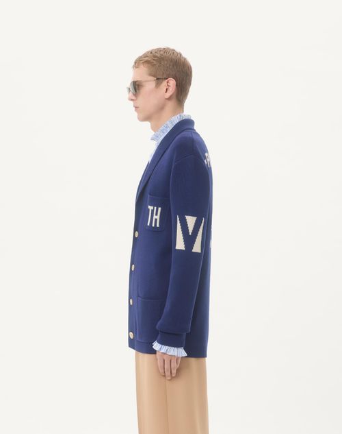 Valentino - Wool Cardigan With Shawl Collar And Chez Valentino Jacquard - Blue/butter - Man - Knitwear