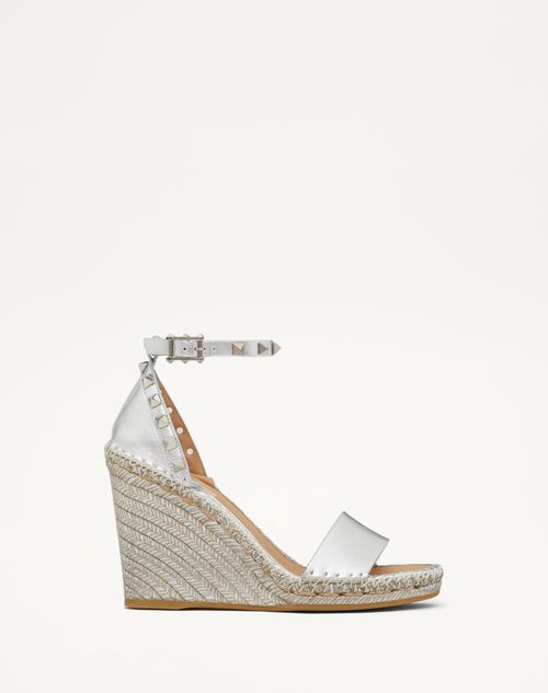 Valentino Garavani Rockstud Double Wedge Sandal In Metallic Nappa Leather 95 Mm Woman Silver 41