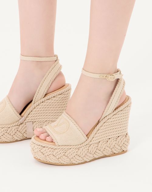 Valentino Garavani - Vlogo Torchon Wedge Sandal In Linen Canvas 130mm - Ecru - Woman - Espadrilles And Wedges