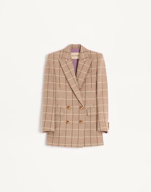 Valentino - Double-breasted Wool Blazer With Windowpane Pattern - Beige/maroon/ivory - Woman - Jackets And Blazers