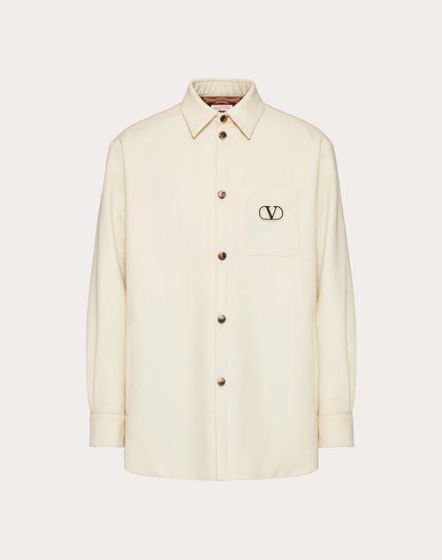 Shop Valentino Wool Gabardine Shirt Jacket With Vlogo Signature Patch In Beige