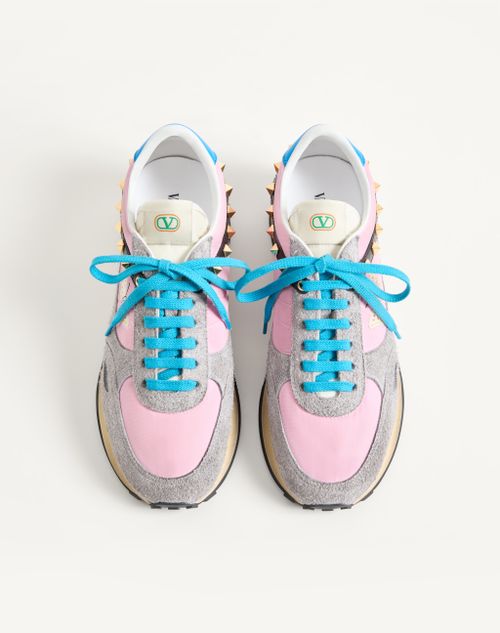 Valentino Garavani - Stud Up Sneaker In Split Leather And Nylon With Butterfly Embroidery - Pink/multicolor - Man - Sneakers