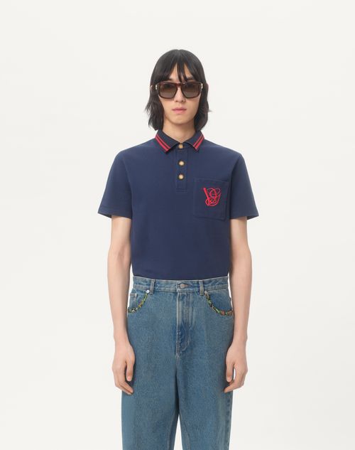Valentino - Cotton Piqué Polo Shirt With Vg Embroidery - Blue - Man - T-shirts And Sweatshirts
