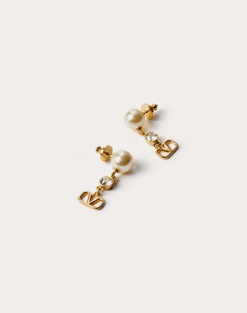 Valentino Garavani Vlogo Signature Earrings In Metal Pearl And Swarovski® Crystals Woman Gold Uni In ゴールド