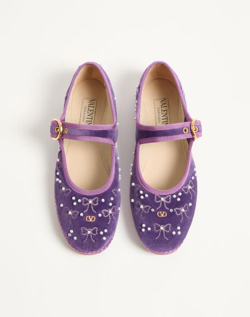 Valentino Garavani - Mary-jane Endouce Velvet Ballerina With Bow Embroidery - Purple - Woman - Ballerinas