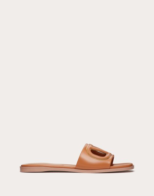 Valentino Vlogo Signature Flat Leather Sandals In Almond/antique Brass