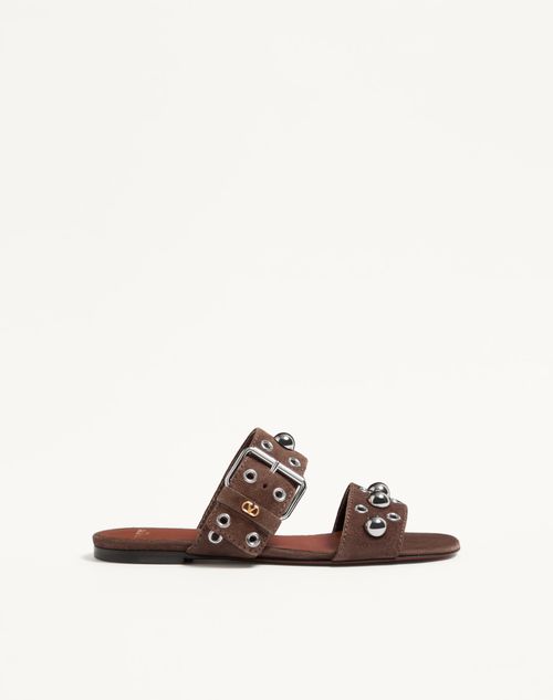 Valentino Garavani - Nellcôte Crust Leather Slide Sandal - Brown - Woman - Slides And Thongs