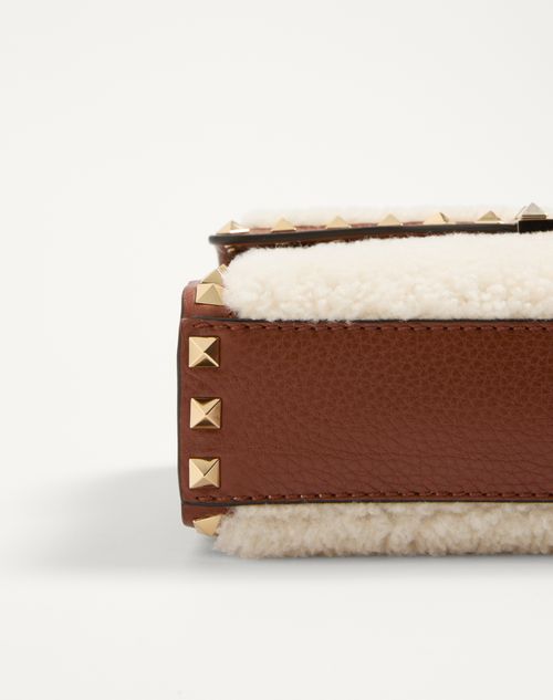 Valentino Garavani - Valentino Garavani Rockstud Small Shearling Shoulder Bag - Natural/saddle Brown - Woman - Shoulder Bags
