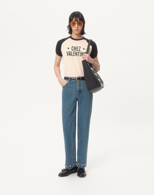 Valentino - Cotton T-shirt With Chez Valentino Print - Butter/black - Man - T-shirts And Sweatshirts