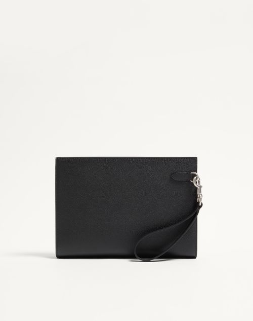 Valentino Garavani - Valentino Garavani Vlogo Signature Grainy Calfskin Pouch - Black - Man - Clutches And Pouches