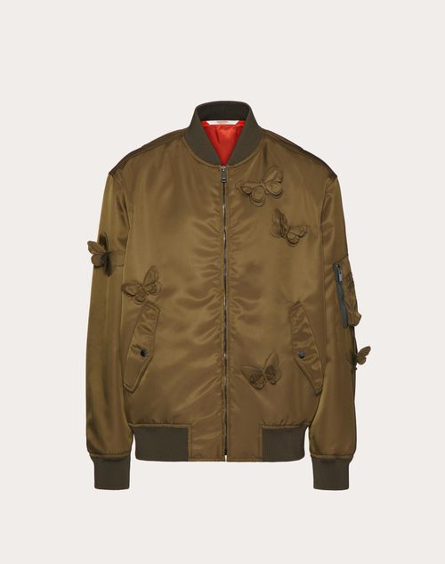 Shop Valentino Nylon Bomber Jacket With Embroidered Butterflies In Olive