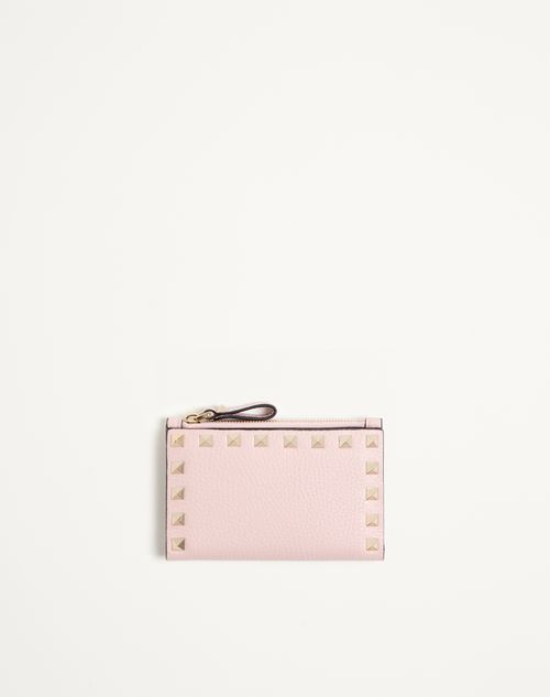 Valentino Garavani Rockstud Grainy Calfskin Cardholder With Zip Woman Pink Onesize