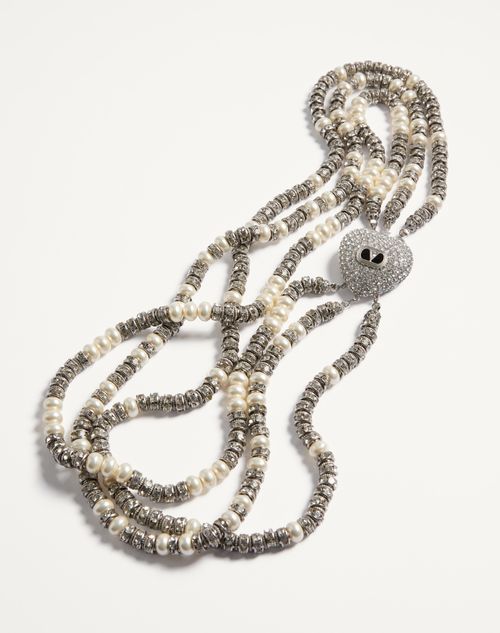 Valentino Garavani - Coeur Royal Necklace In Metal, Enamel, Pearls And Crystals - Palladium - Woman - Jewellery