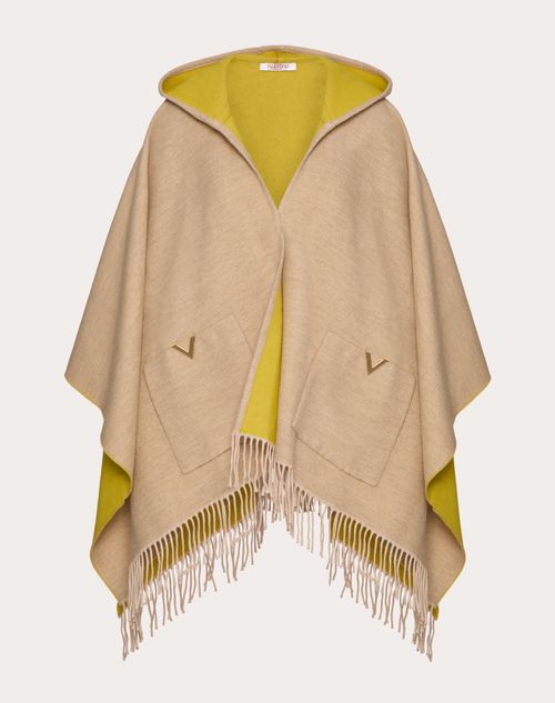 Valentino Garavani V Detail Wool And Cashmere Poncho With Hood And Metal V Appliqué Woman Beige Uni In Neutral