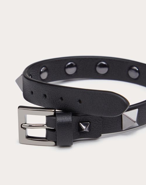 Valentino Garavani - Bracelet Rockstud En Cuir Avec Clous Finition Palladium - Noir - Homme - Bijoux Et Montres