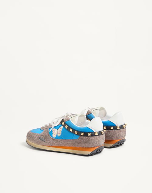 Valentino Garavani - Stud Up Sneaker In Split Leather And Nylon With Butterfly Embroidery - Azure/multicolour - Man - Sneakers