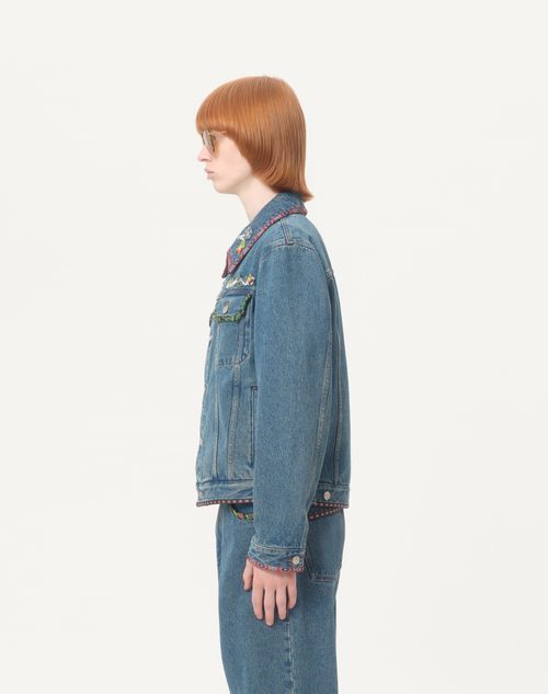 Valentino - Denim Jacket With Beaded Embroidery And Printed Edges - Blue - Man - Denim