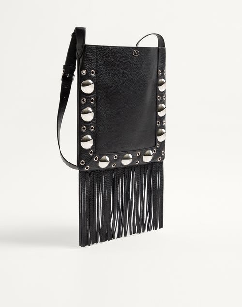 Valentino Garavani - Valentino Garavani Nellcôte Shoulder Bag In Grainy Calfskin With Fringes - Black - Man - Shoulder Bags