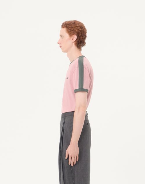 Valentino - Valentino Cotton T-shirt With Crew Neck, Contrasting Side Bands And Vlogo Embroidery - Pink/green - Man - T-shirts And Sweatshirts
