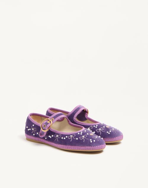 Valentino Garavani - Mary-jane Endouce Velvet Ballerina With Bow Embroidery - Purple - Woman - Ballerinas