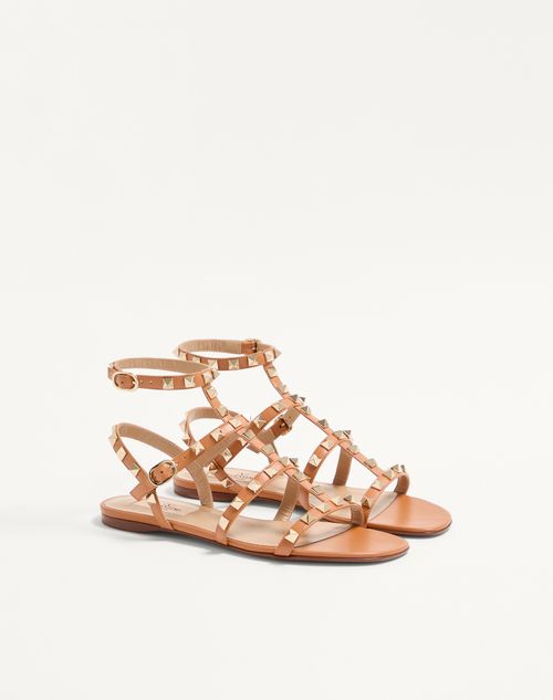 Valentino Garavani - Rockstud Flat Calfskin Sandal With Straps - Almond - Woman - Sandals