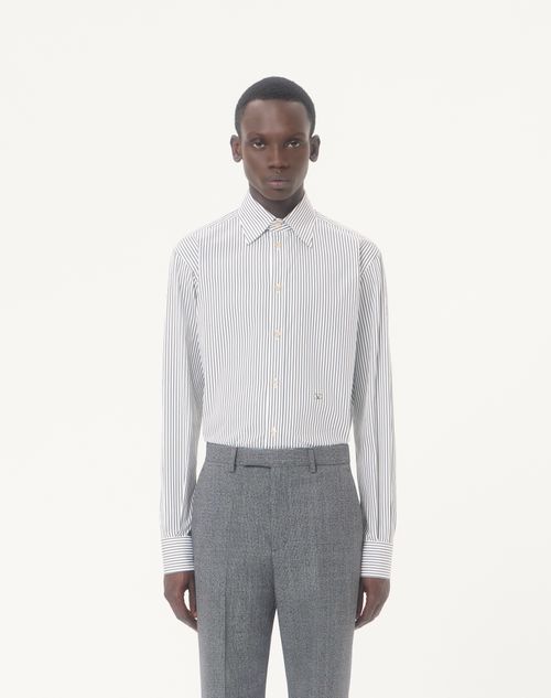 Valentino - Valentino Cotton Poplin Shirt With Striped Vlogo Embroidery - Ivory/green - Man - Shirts