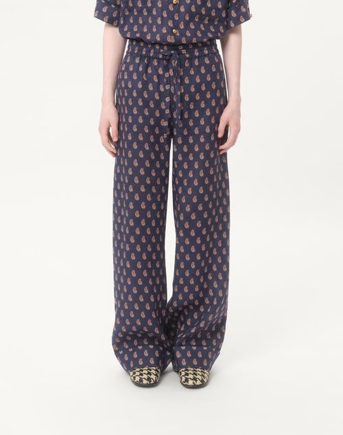 Valentino - Pantalón De Lino Liviano Con Dobladillo Y Estampado Voyage Imaginaire - Azul Marino/crema/rojo - Hombre - Pantalones Largos Y Cortos