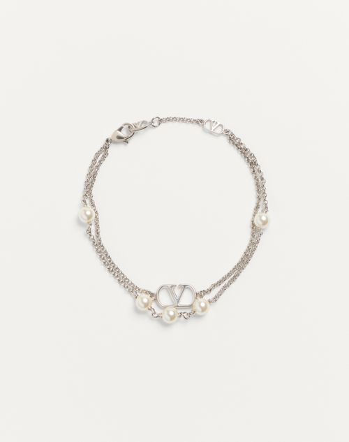 Valentino Garavani Vlogo Signature Metal Bracelet With Swarovski® Pearls Woman Palladium/cream M In Palladium/crystal