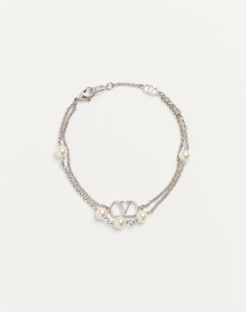 Valentino Garavani Vlogo Signature Metal Bracelet With Swarovski® Pearls Woman Palladium/crystal S In Gold