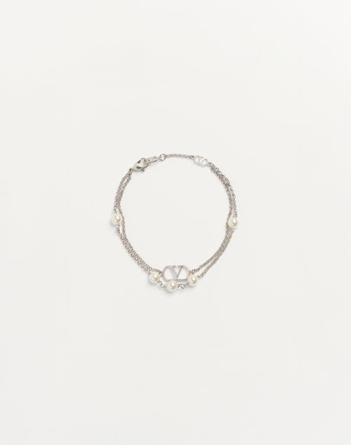 Valentino Garavani Vlogo Signature Metal Bracelet With Swarovski Pearls Woman Palladium/cream M
