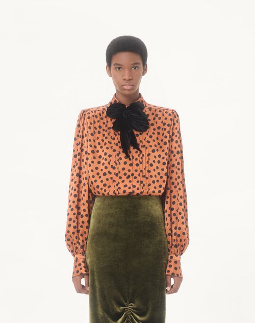 Valentino - Crepe Satin Shirt With Plus De Pois Dalmata Print - Brown/black - Woman - Shirts And Tops