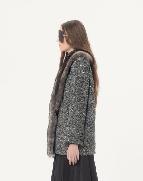 Valentino - Einreihige Cabanjacke Aus Chevron Bouclé Mit Lammfell - Weiss/ Schwarz - Frau - Jacken Und Mäntel