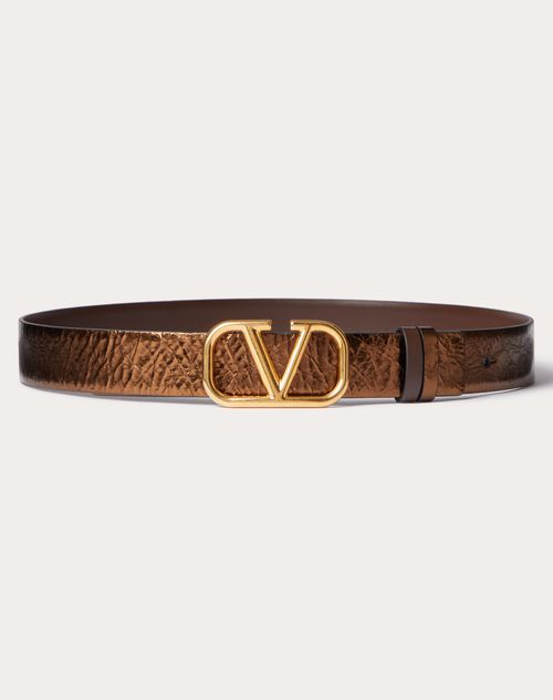 Valentino Garavani Vlogo Signature Reversible Belt In Metallic Calfskin With Craquele Effect And Shi In Brown