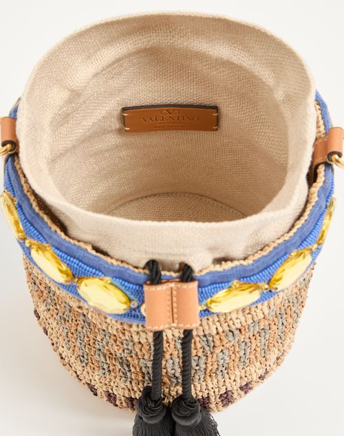 Valentino Garavani - Valentino Garavani Small Embroidered Bucket Bag In Raffia - Natural/azure - Woman - Shoulder Bags