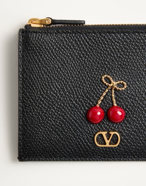 Valentino Garavani - Portacarte Cherryfic In Vitello Granato - Nero - Donna - Portafogli E Piccola Pelletteria