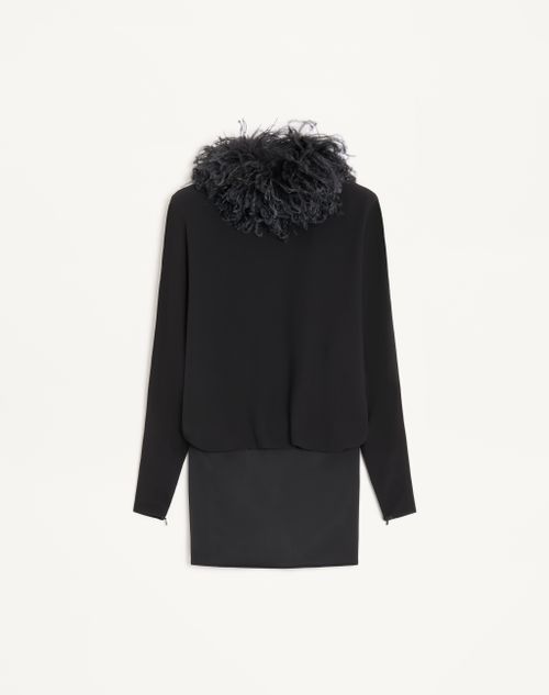 Valentino - Abito Corto In Georgette Con Piume - Nero - Donna - Abiti